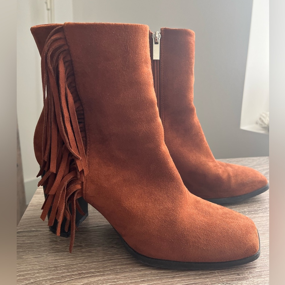Vegan Suede Heel Ankle Boots with Fringe